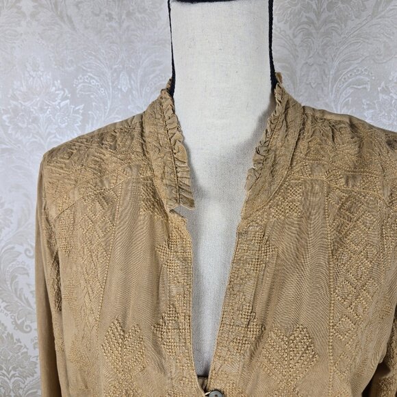 Soft Surroundings Sz Large River Valley Tan Embroidered Tunic Blouse Split Vneck - Picture 2 of 15
